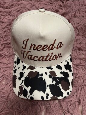 NWT Cream 'I need a Vacation.' Cap with Cow Print Brim